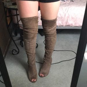 Thigh high open toe boots